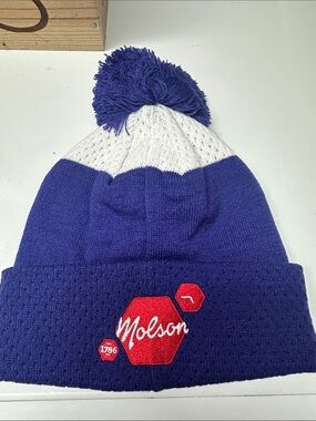 Molson Navy and White Stripe PWHL Knit Beanie with Red and white Molson logo